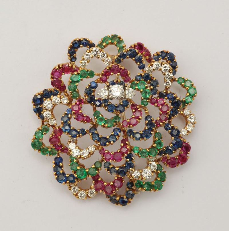 A diamond, ruby, sapphire and emerald brooch. Signed Lunati  - Auction Fine Jewels - I - Cambi Casa d'Aste