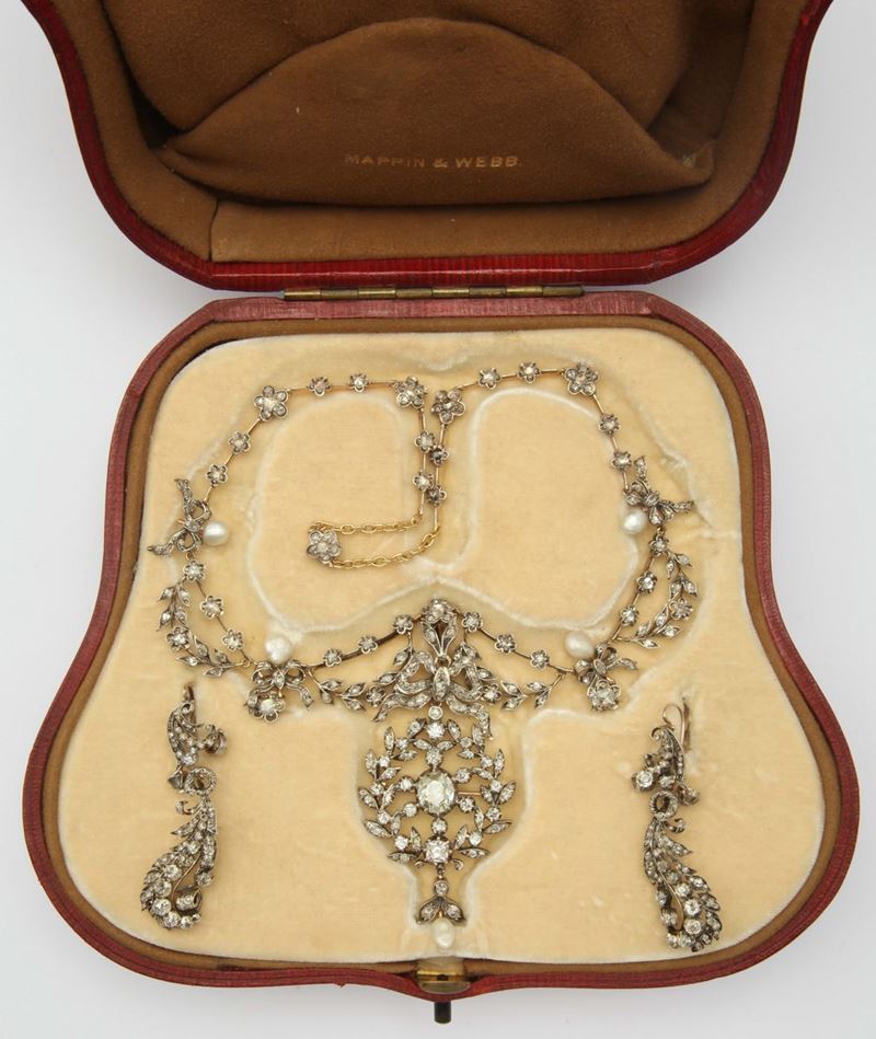 A rose cut diamond, pearl, silver and gold parure. Fitted case and signed Mapping & Webb  - Auction Fine Jewels - I - Cambi Casa d'Aste