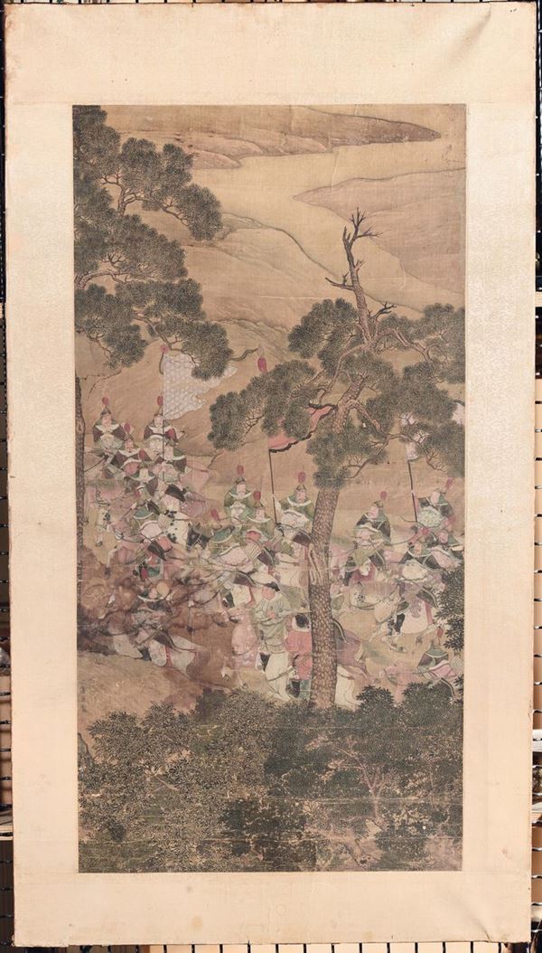 Painting on paper depicting battle scene with signature, China, Qing Dynasty, 18th century