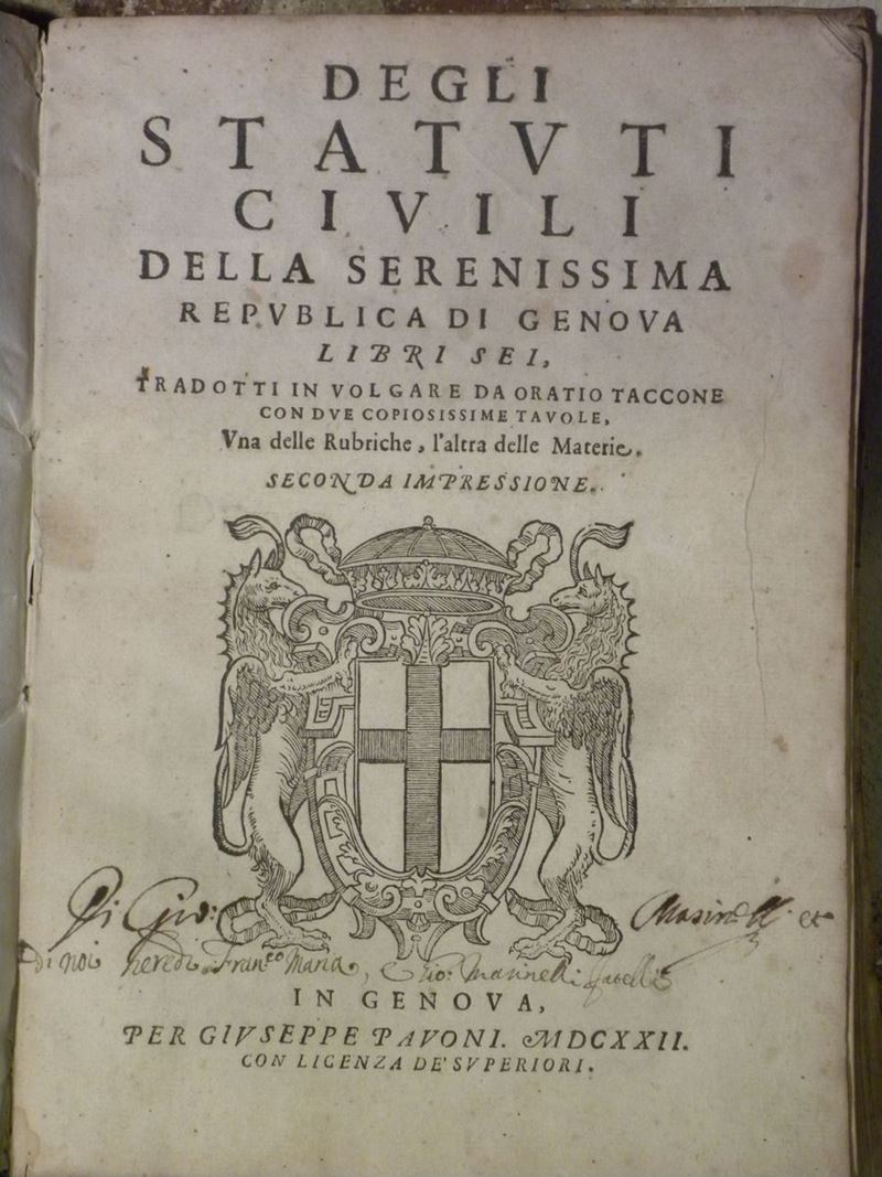 Statuti civili - Genova Degli statuti civili della Serenissima Repubblica di Genova  - Auction Old and Rare Manuscripts and Books - Cambi Casa d'Aste