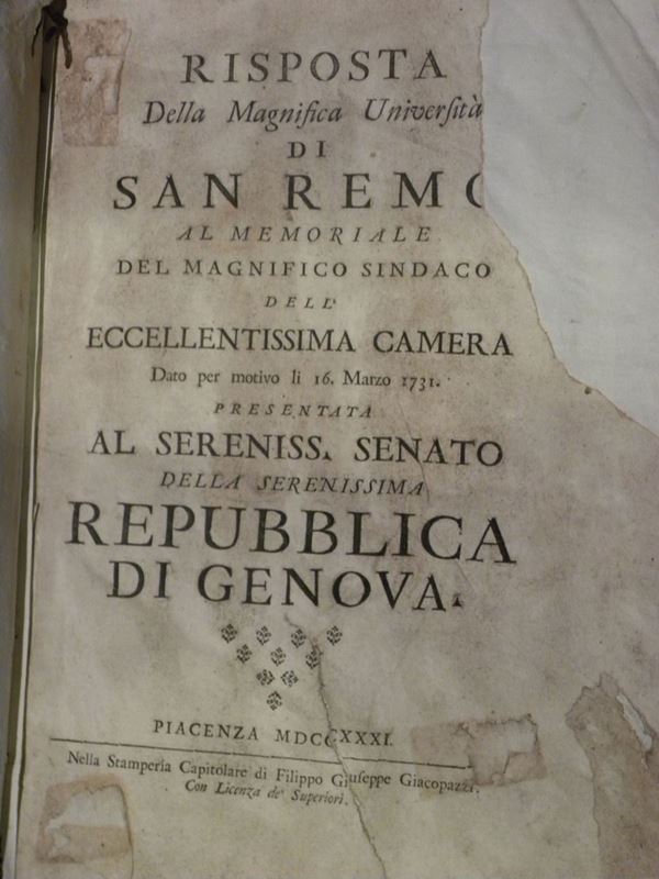 Genova - Sanremo Risposta Della Magnifica Università di San Remo al memoriale del Magnifico sindaco dell'eccellentissima camera..