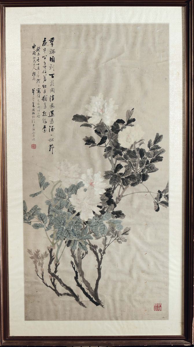 Dipinto su carta raffigurante fiori bianchi con iscrizione, Cina, Dinastia Qing, XIX secolo  - Asta Fine Chinese Works of Art - II - Cambi Casa d'Aste