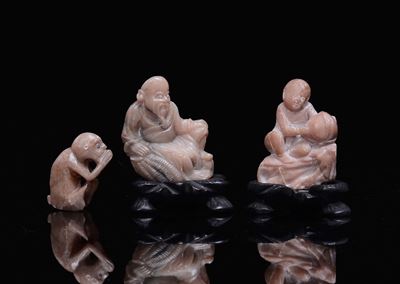 Tre Piccole Sculture in Saponaria Raffiguranti una Scimmia, un Saggio ed un Fanciullo, Cina, XX S...