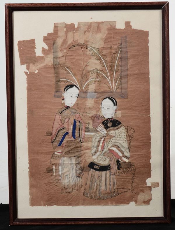 A framed painting on paper depicting two Guanyin, China, Qing Dynasty, 19th century