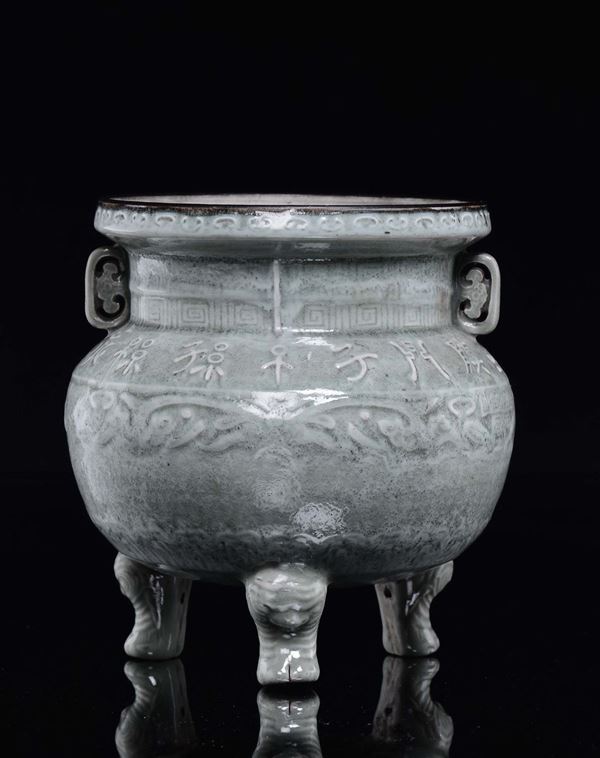 A Celadon porcelain tripod censer, China, Qing Dynasty, 19th century