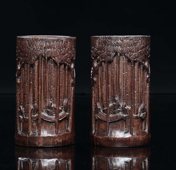 A pair of bamboo brushpot with scribes, China, Qing Dynasty, 19th century