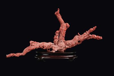 Scultura in Corallo con Guanyin e Fanciullo su Dragone, Cina, Dinastia Qing, Fine XIX Secolo