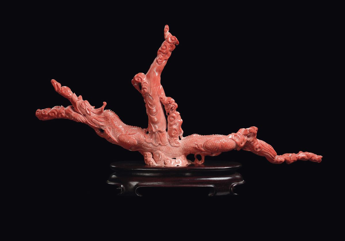 Scultura in Corallo con Guanyin e Fanciullo su Dragone, Cina, Dinastia Qing, Fine XIX Secolo