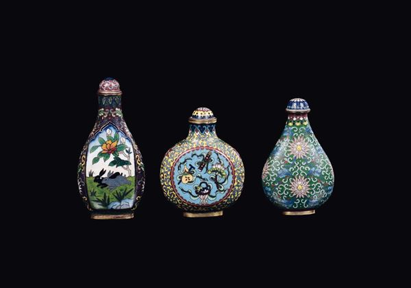 Three cloisonné snuff bottles, China, Qing Dynasty, 19th century