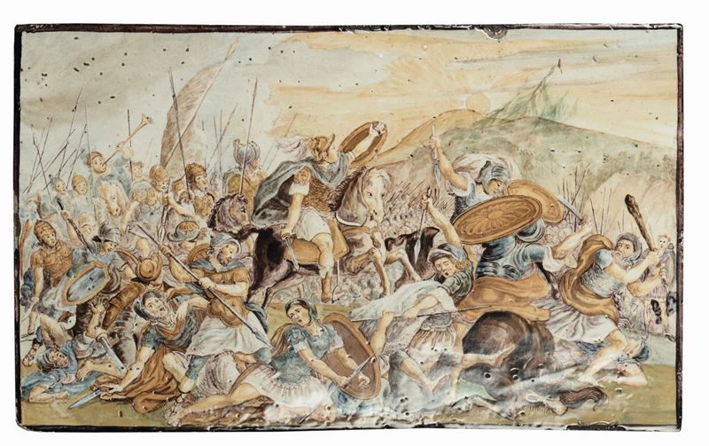 Grande mattonella in maiolica raffigurante battaglia, Castelli XVIII secolo  - Asta Fine Art Selection - II - Cambi Casa d'Aste