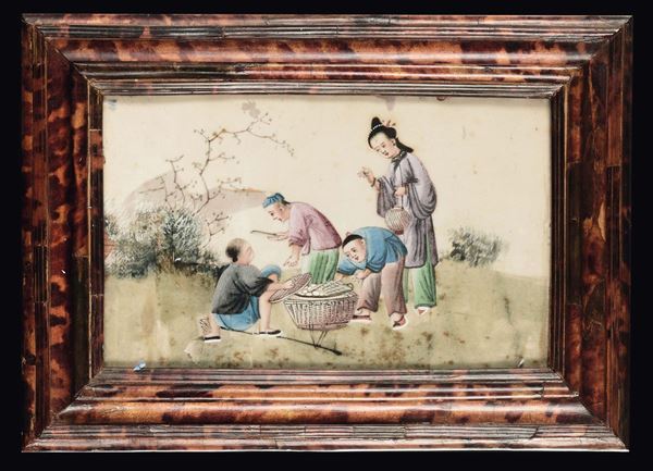 Quattro dipinti su carta di riso incorniciati raffiguranti scene di vita comune, Cina, inizio XX secolo