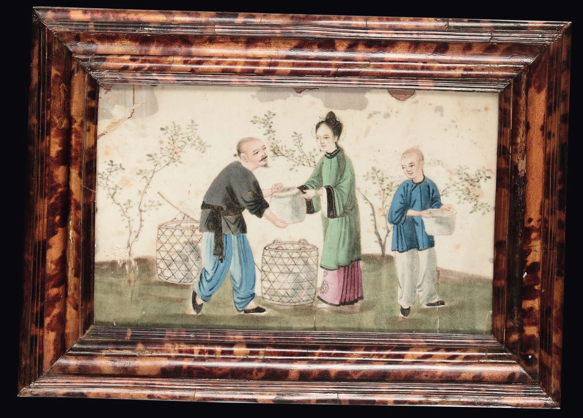 Autore sconosciuto, Scene di vita comune, Quattro dipinti su carta di riso, Cina, inizio XX secol...