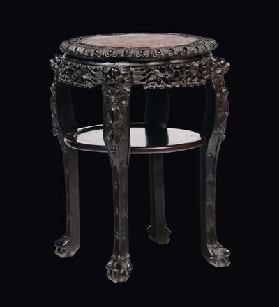Alzata in Legno Intagliato con Piano in Marmo, Cina, Dinastia Qing, XIX Secolo