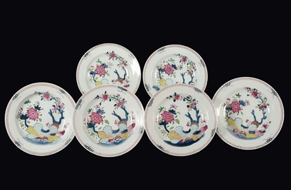 Six polychrome porcelain dishes with flowers branches, China, Qing Dynasty, Qianlong Period (1736-179 [..]