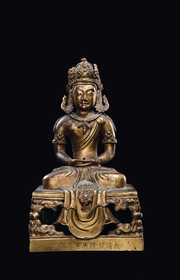 A gilt bronze Amitaya figure, China, Qing Dynasty, Qianlong Mark and Period (1736-1795)