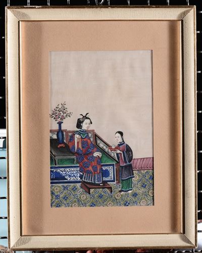 Coppia di Dipinti su Carta Raffiguranti Guanyin e Dignitario con Servitori, Cina, XX Secolo