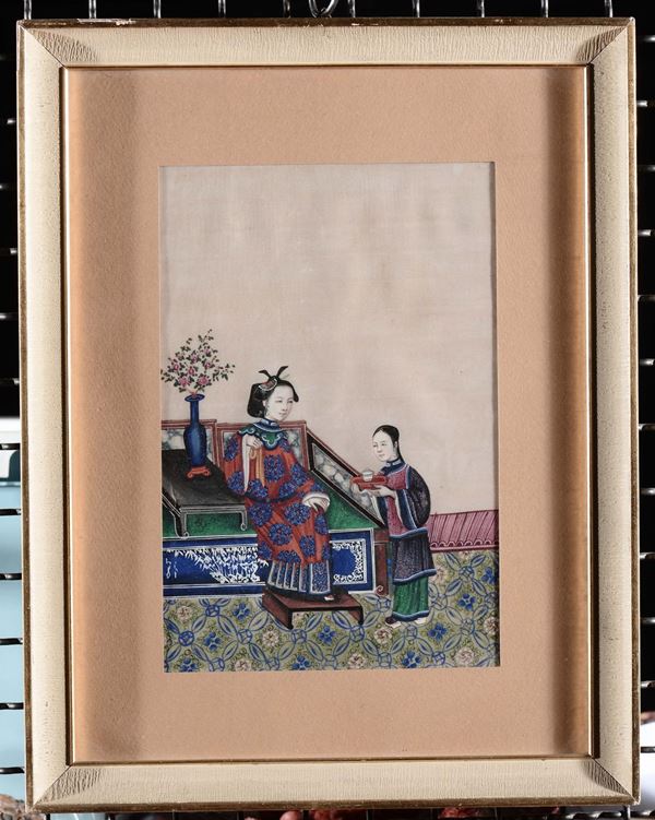 Coppia di dipinti su carta raffiguranti Guanyin e dignitario con servitori, Cina, XX secolo