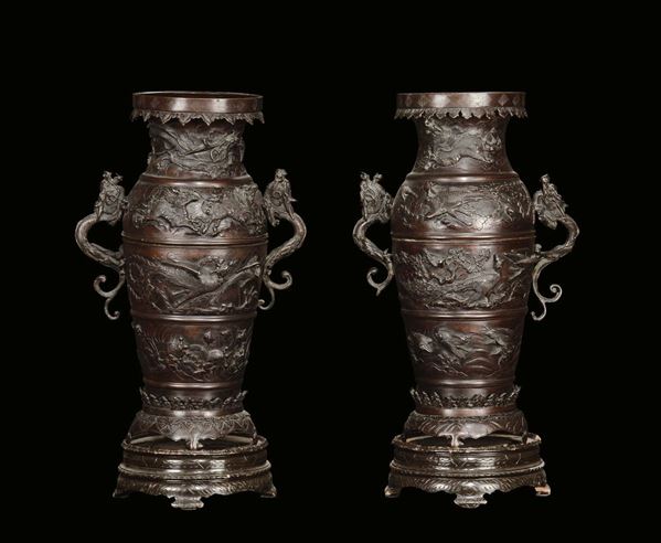 A pair of bronze vases with dragons in relief, Japan, 20th century
