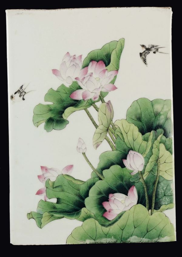 A polychrome enamelled porcelain plaque with birds and flowers, China, Republic, 20th century