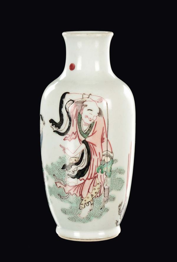 A small polychrome enamelled porcelain vase with two wise men and a frog, China, Qing Dynasty, 19th century