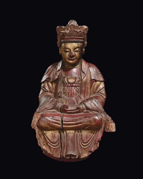 Dignitario seduto in posizione di dhyanasana in legno laccato, Cina, Dinastia Qing, XVIII secolo