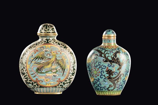 Two cloisonné snuff bottles, one with dragon and phoenix within reserves and one with stylized phoenicians, China, Qing Dynasty, 19th century