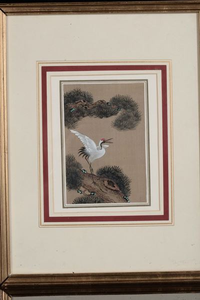 Coppia di Dipinti su Carta Raffiguranti Gru, Cina, XX Secolo