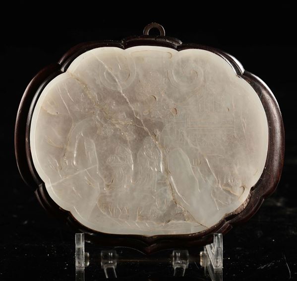 A white jade plaque carved with wise men under a tree on a wooden base, China, Qing Dynasty, 19th century