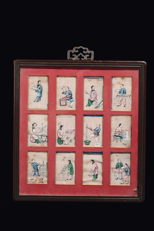 A frame with twelve paintings on paper depicting characters during common life activities, China, Qing Dynasty, late 19th century