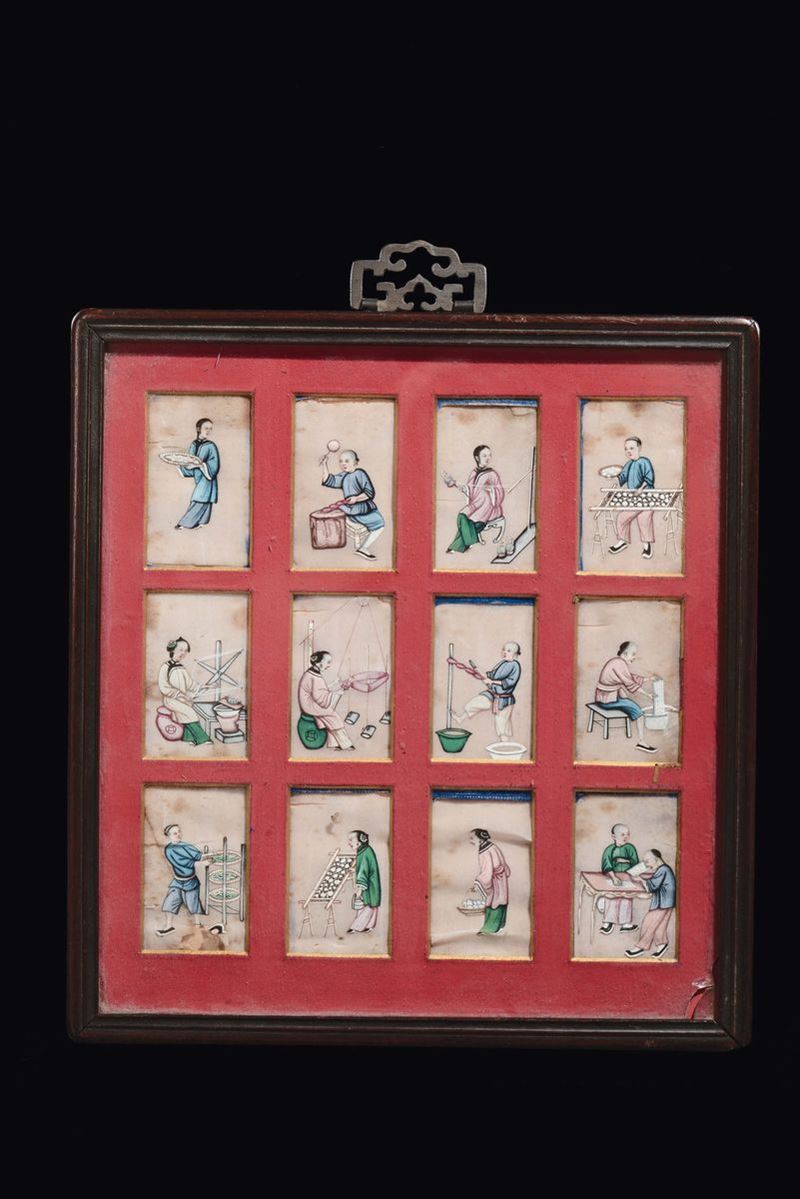 A frame with twelve paintings on paper depicting characters during common life activities, China, Qing Dynasty, late 19th century  - Auction Chinese Works of Art - Cambi Casa d'Aste