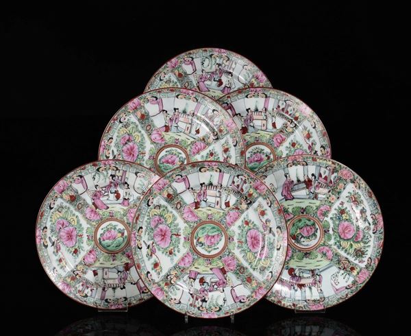 Six polychrome porcelain dishes with court life scenes and flowers within reserves, China, Qing Dynasty, late 19th century