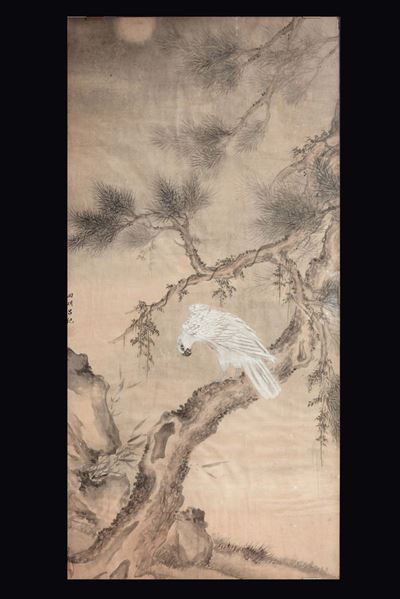 Pannello in seta raffigurante un rapace su albero, Cina, Dinastia Qing, XIX secolo