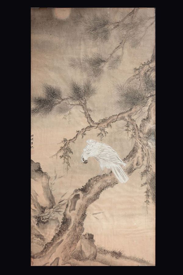 Pannello in seta raffigurante rapace su albero e iscrizione, Cina, Dinastia Qing, XIX secolo