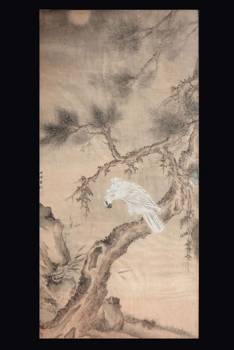 Pannello in seta raffigurante rapace su albero e iscrizione, Cina, Dinastia Qing, XIX secolo  - Asta Fine Chinese Works of Art - II - Cambi Casa d'Aste