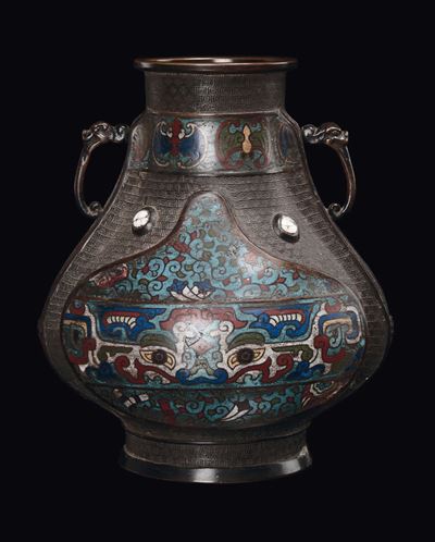 Vaso in Bronzo a Doppia Ansa con Smalti Cloisonné, Giappone, XIX Secolo