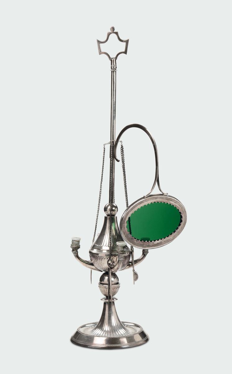A molten, embossed and chiselled silver oil-lamp, Torretta mark for the year 1804 and Mauritian control mark  - Auction Fine Silvers - I - Cambi Casa d'Aste