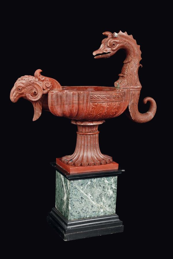 A large red marble oil-lamp cup, coloured marbles plinth base. Benedetto Boschetti (ascribed to), Rome 19th century