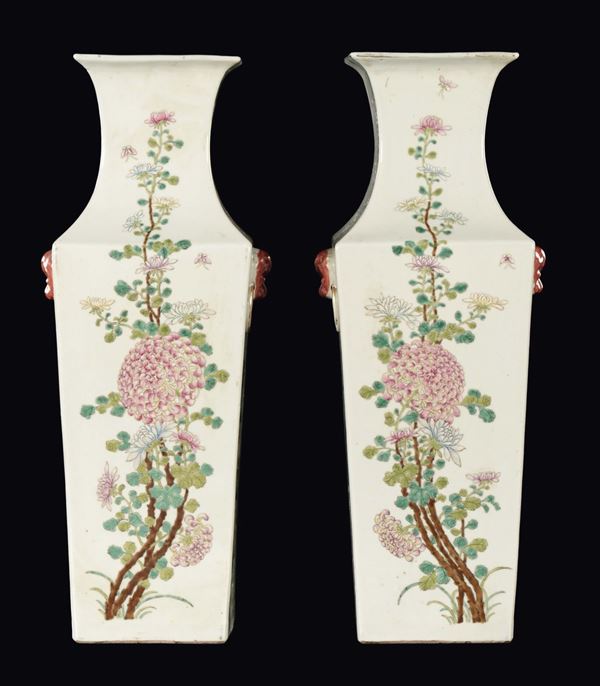 A pair of squared polychrome porcelain vase depicting different types of blossom branches, butterflies, bats and birds, China, Qing Dynasty, 19th century