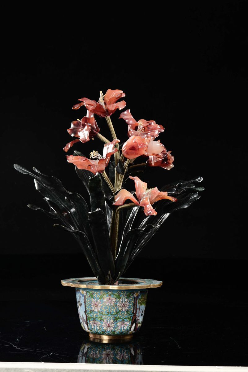 Giardiniera in Cloisonné con Fiori in Corniola, Cina, Dinastia Qing, XIX Secolo