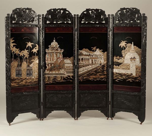 A wood screen with mother-of-pearls inlays depictinf temple, China, Qing Dynasty, 19th century