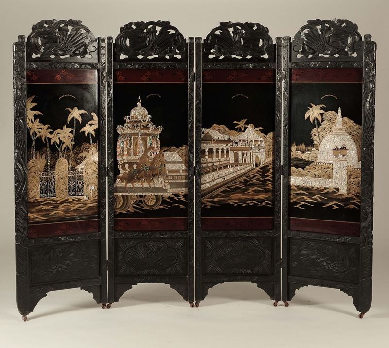 A wood screen with mother-of-pearls inlays depictinf temple, China, Qing Dynasty, 19th century  - Auction Chinese Works of Art - Cambi Casa d'Aste