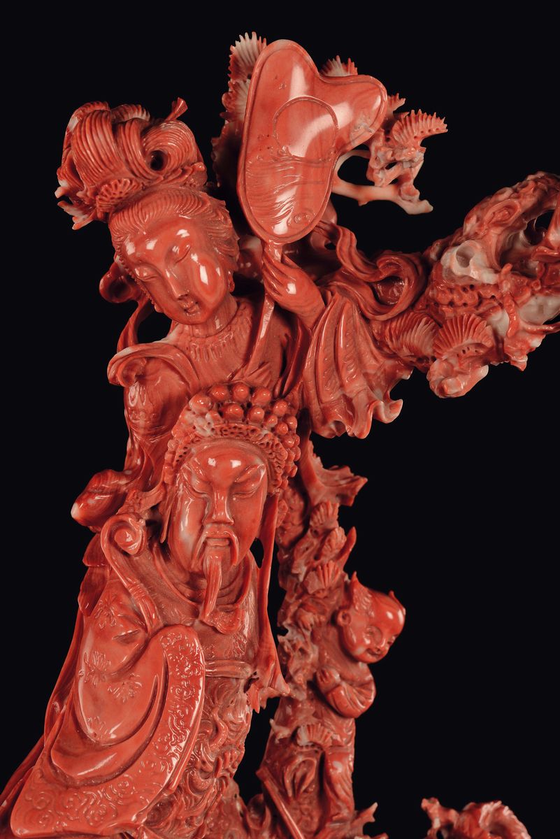Gruppo Scolpito in Corallo con Dignitari Guanyin e Fanciulli che Giocano, Cina, Dinastia Qing, Fi...