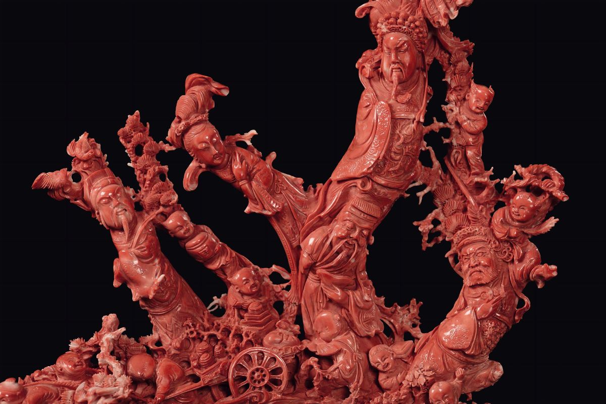 Gruppo Scolpito in Corallo con Dignitari Guanyin e Fanciulli che Giocano, Cina, Dinastia Qing, Fi...