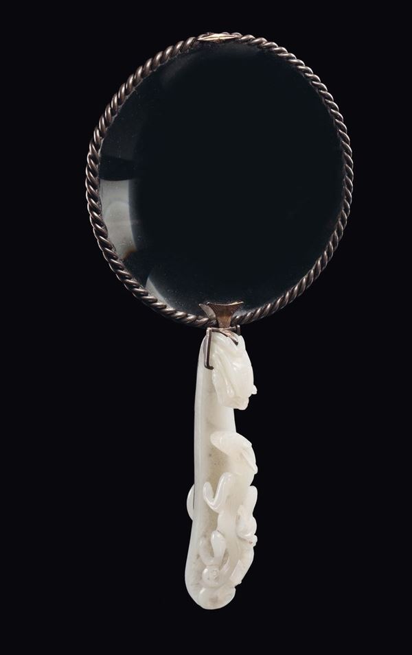 A magnifying glass with white jade dragon handle, China, Qing Dynasty, Qianlong Period (1736-1795)