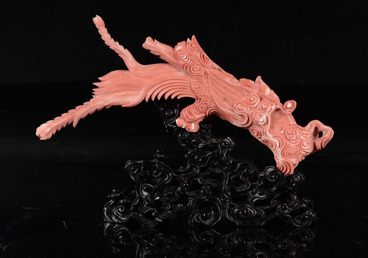 Figura di Fenice Scolpita in Corallo, Cina, Dinastia Qing, Fine XIX Secolo