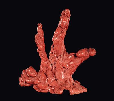 Ramo Scolpito in Corallo con Guanyin e Pappagallo, Cina, Dinastia Qing, Fine XIX Secolo