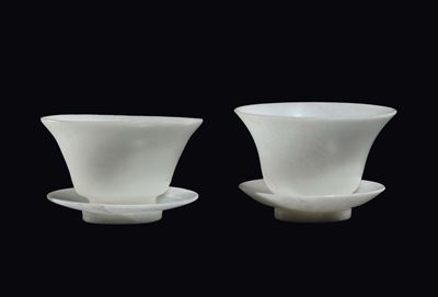 Coppia di Coppette con Piattini in Giada Bianca, Cina, Dinastia Qing, XIX Secolo