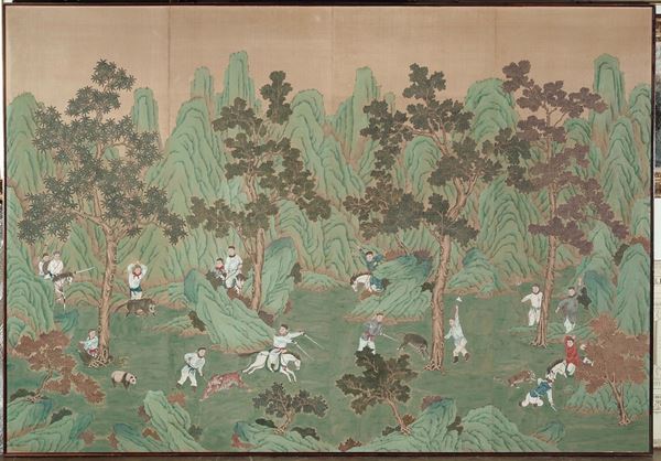 Grande dipinto su carta raffigurante scena di caccia, Cina, Dinastia Qing, XIX secolo