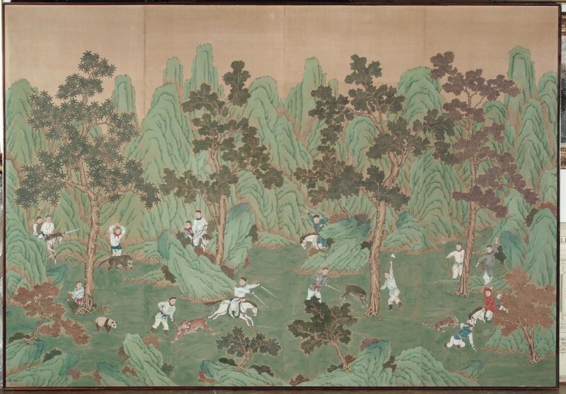 Grande dipinto su carta raffigurante scena di caccia, Cina, Dinastia Qing, XIX secolo  - Asta Fine Chinese Works of Art - II - Cambi Casa d'Aste