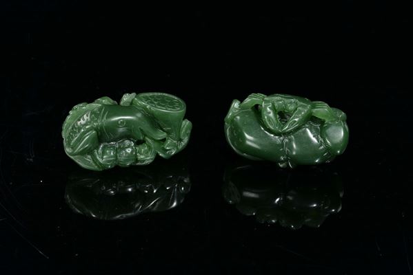 Two small spinach green jade scultpures, one with fish and one with crab, China, 20th century